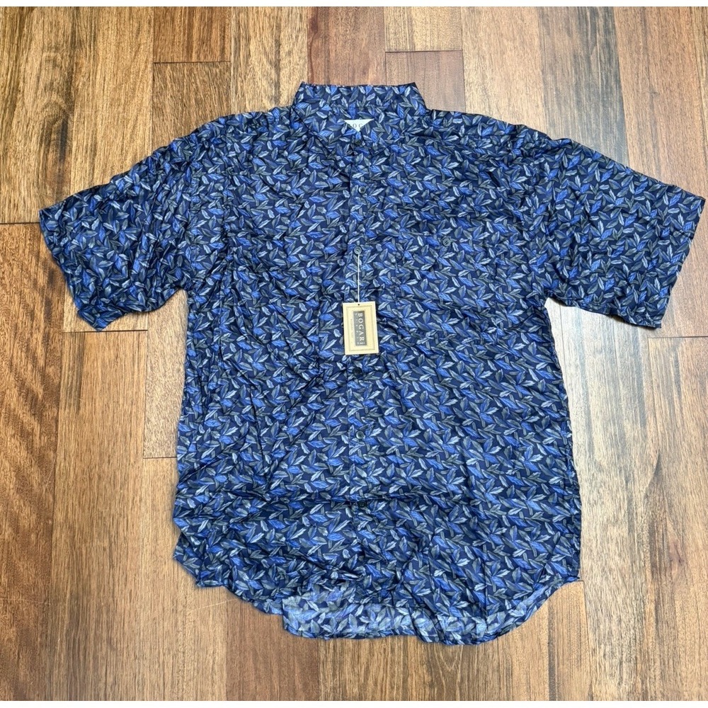 NWT Vintage Bogari Silk Shirt Mens Large Blue Geometric Art All Over Print 90s